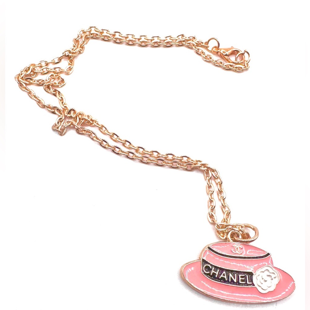 CC Gold and Pink Hat Pendant with Gold Plated Necklace - Picture 4 of 7